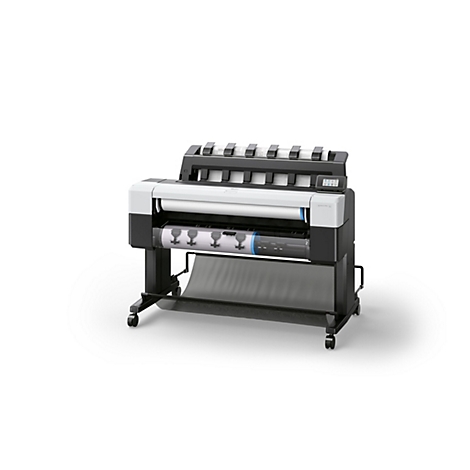 Großformatdrucker HP DesignJet auf einem Rollwagen mit weißem Gehäuse und schwarzem Unterbau vor weißem Hintergrund.