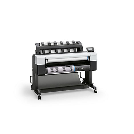 Großformatdrucker HP DesignJet auf Rollgestell vor weißem Hintergrund.