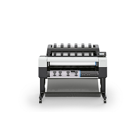Großformatdrucker HP DesignJet auf einem Standfuß mit Papierauffangkorb vor weißem Hintergrund.