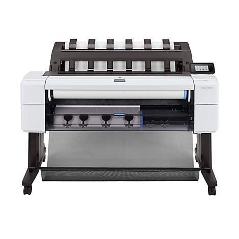 Großformatdrucker HP DesignJet T1600dr in Weiß und Schwarz auf einem Ständer mit Rollen vor neutralem Hintergrund.