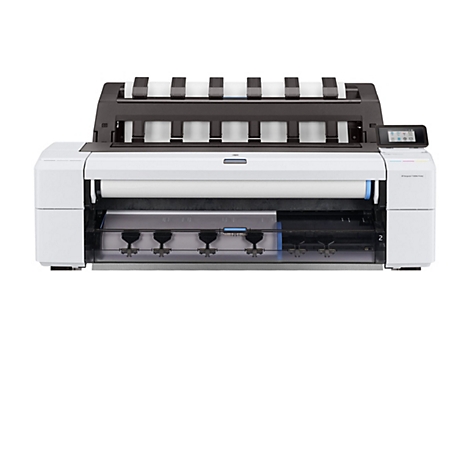 Ein weißer HP DesignJet T1600dr-Drucker mit schwarzem Bedienteil und Papierrollen. Auf dem Display werden verschiedene Funktionen angezeigt.