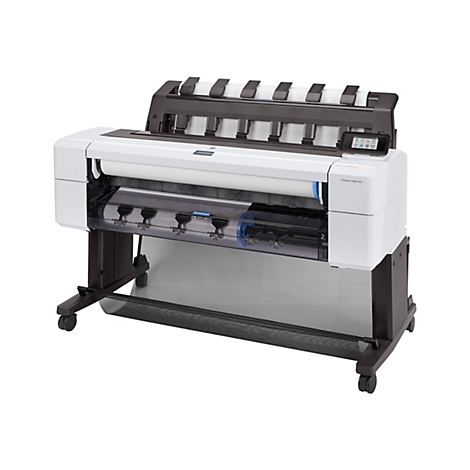 Weißer HP DesignJet T1600dr Großformatdrucker mit Display, Rollenhalter und Auffangvorrichtung, vor weißem Hintergrund.
