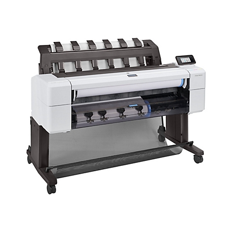 Großformatdrucker, weiß und dunkelgrau, mit Papierrollen, Display und Rollen-Untergestell.