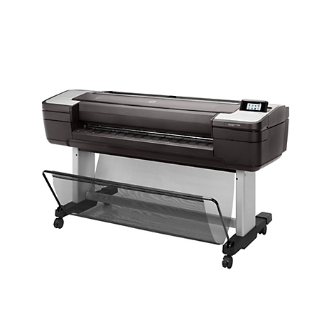 Großer, schwarzer Drucker mit Display und Rollen. Auffangkorb aus schwarzem Netz unterhalb.