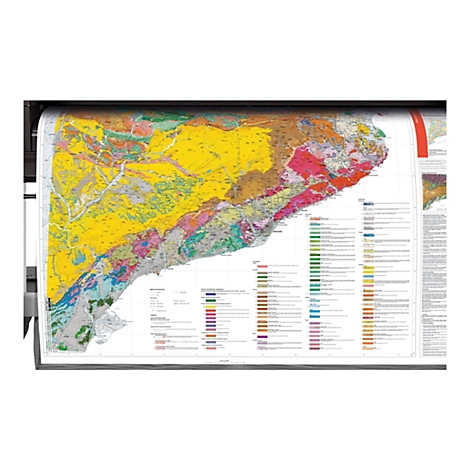 Detailreiche geologische Karte mit farbigen Bereichen, Legenden und Texten. Die Karte wird von einer Halterung gehalten.