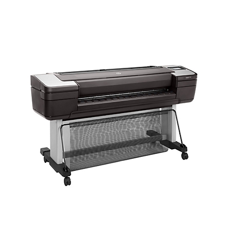 Ein großer, dunkler Tintenstrahldrucker, der auf einem weißen Hintergrund steht. Das Gerät hat ein graues Oberteil mit dem HP-Logo und trägt die Bezeichnung DesignJet T1700.