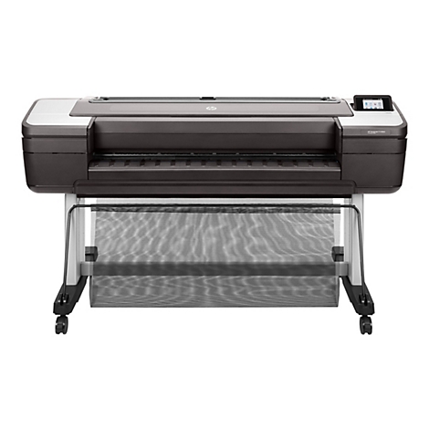 HP DesignJet T1700dr Großformatdrucker. Dunkelgraue Maschine mit Touchscreen, auf Rollen. Schwarzer Auffangkorb aus Netzgewebe.