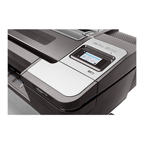 Nahaufnahme eines grauen HP DesignJet T1700 Druckers mit Display, auf dem Informationen angezeigt werden.