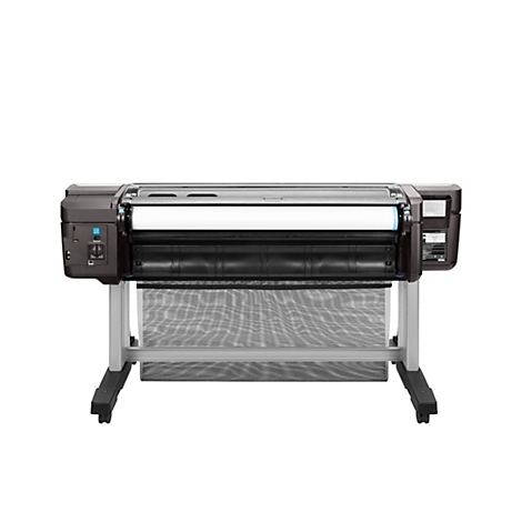 Großformatdrucker, schwarz und grau, auf einem Rollständer, vor weißem Hintergrund. Druckmaterial ist sichtbar.