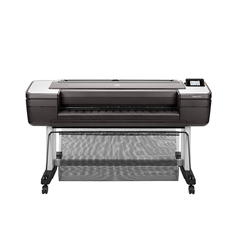 Ein großformatiger Drucker HP Designjet T1700dr, weiß und dunkelgrau. Auf Rädern, mit Bedienfeld und Papiersammelvorrichtung.