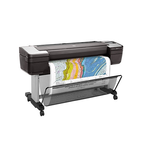 Ein großer, schwarzer HP Designjet T1700 Drucker druckt eine farbige geologische Karte. Die Karte zeigt verschiedene farbige Bereiche und Text mit Informationen.