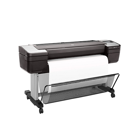 Großer, schwarzer HP-Plotter mit Papierausgabe. Unten Papierauffangbehälter, auf einem Wagen.