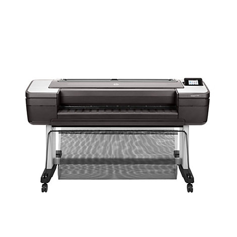 Ein großer, dunkler Tintenstrahldrucker, mit Display, auf Rollen. Auf dem Gerät ist „HP DesignJet T1700dr“ zu lesen.