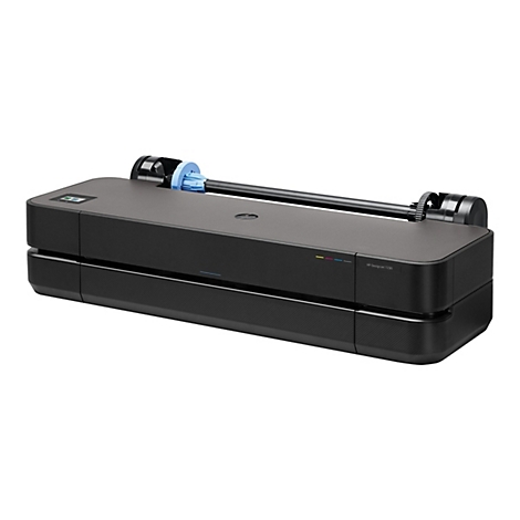 Schwarzer HP DesignJet T230 Großformatdrucker vor weißem Hintergrund.