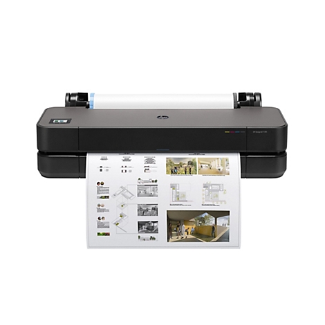 Ein schwarzer HP DesignJet T230 Drucker druckt ein Diagramm mit Architekturzeichnungen. Auf dem Drucker ist eine Papierrolle befestigt.