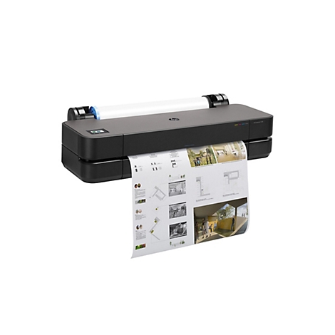 Schwarzer HP Designjet T230 Plotter mit herauslaufendem Papier. Auf dem Papier sind architektonische Pläne abgedruckt.