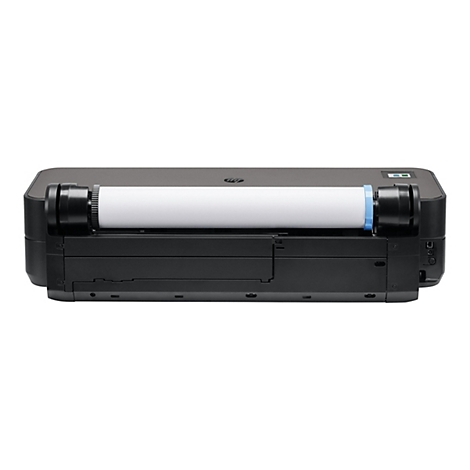HP Großformatdrucker von hinten gesehen mit eingesetzter Papierrolle.