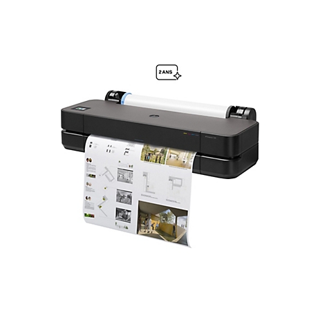 Schwarzer HP DesignJet T230 Großformatdrucker gibt ein bedrucktes Architekturblatt aus. Ein '2 ANS' Symbol schwebt darüber.