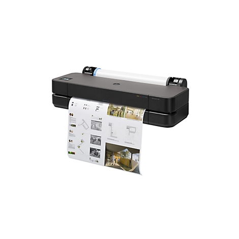 Schwarzer HP DesignJet T230 Großformatdrucker mit eingelegter Papierrolle und ausgedrucktem Architektenplan.