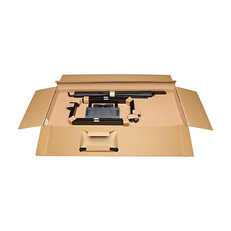 Geöffnete Kartonverpackung mit Teilen, schwarz, für einen Sonnenschutz. Teile durch braunes Papier fixiert.