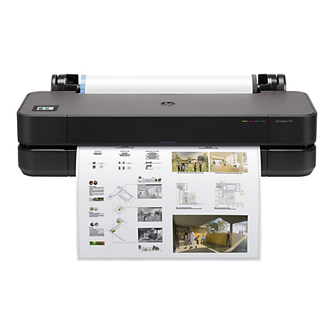 Ein schwarzer HP DesignJet T230 Drucker, der ein farbiges Architekturprojekt druckt.