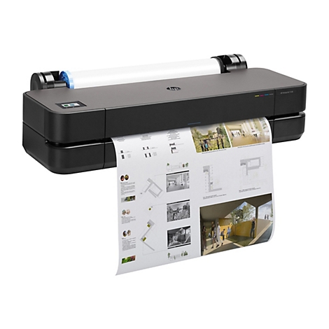 Schwarzer HP DesignJet T230 Drucker, der ein farbiges Diagramm ausdruckt. Papier wird vom Drucker ausgegeben, wobei ein Teil des Ausdrucks sichtbar ist.