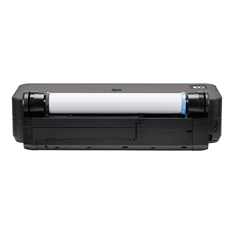 Eine schwarze Großformatdrucker mit einer weißen Papierrolle. Das HP Logo ist sichtbar. Der Drucker hat eine blaue und schwarze Farbgebung und steht auf weißem Hintergrund.