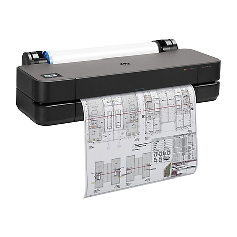 Schwarzer HP DesignJet T250 Drucker, der einen Bauplan ausdruckt. Darauf sind Grundrisse und Beschriftungen zu sehen.