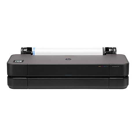 Schwarzer HP DesignJet T250 Drucker mit weißer Papierrolle. Aufdruck: HP DesignJet T250.