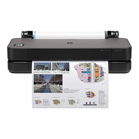 Schwarzer HP DesignJet T250 Großformatdrucker mit farbigem Ausdruck. Mehrere Diagramme des 'Campus da Justiça do Porto' werden gedruckt.