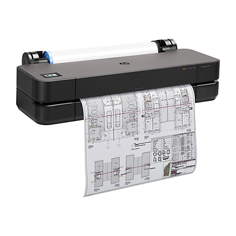 Ein schwarzer HP DesignJet T250 Drucker druckt einen Bauplan. Der Plan zeigt Grundrisse mit Beschriftungen und Details. Der Drucker hat eine Rolle Papier oben und einen Farbstreifen.