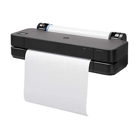 Schwarz-grauer HP DesignJet T250 Drucker mit weißem Papierausdruck. Oben befindet sich eine Papierrolle.