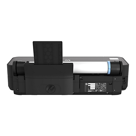 Rückansicht eines schwarzen HP-Großformatdruckers. Das Papier wird von einer Rolle gespeist und ist auf dem Drucker sichtbar. Ein Ausgabefach ist hochgeklappt. Das HP-Logo ist erkennbar.