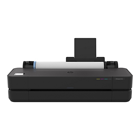 Schwarzer HP DesignJet T250 Großformatdrucker, der einen weißen Papierrolle enthält.
