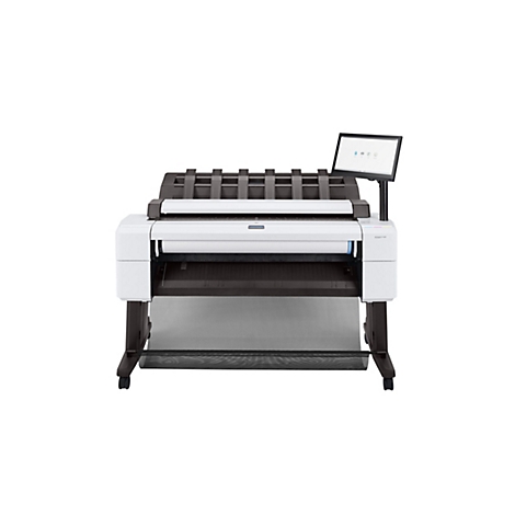 Großformatdrucker HP DesignJet T2600 in Weiß und Grau vor weißem Hintergrund mit Touchscreen-Display.