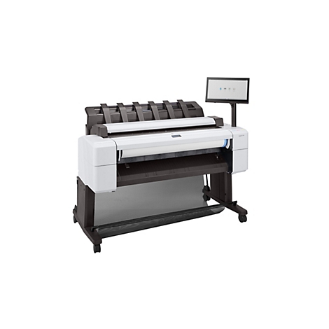 Ein grossformatiger Drucker, weiss und grau, mit einem Touchscreen-Monitor.