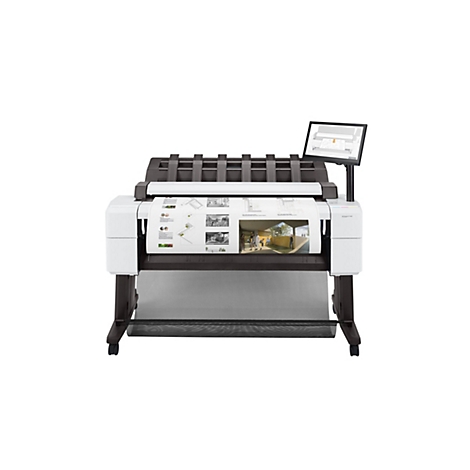 Großformatdrucker HP DesignJet T2600 mit bedrucktem Architekturplan und Touchscreen auf weißem Hintergrund.