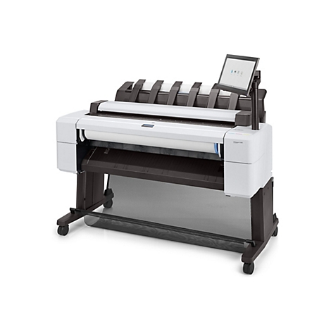 Großer weißer Drucker mit braunen Elementen und Touchscreen. Rollen Papier sind sichtbar.