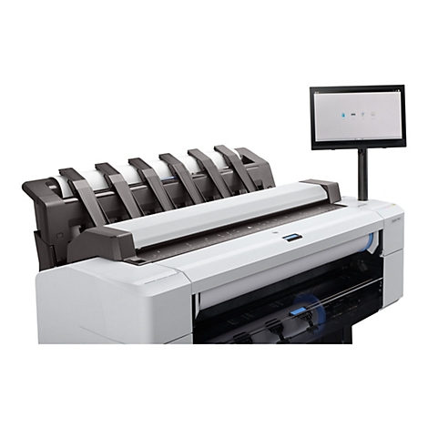 Ein großformatiger Drucker, weiß und grau, mit Rollenpapier und einem Touchscreen-Monitor.