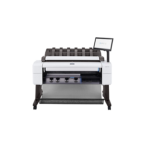 Ein grossformatiger Drucker, weiss und grau, mit Bildschirm und Rollen. Auf weissem Hintergrund.