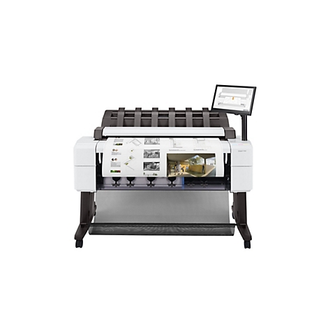 Großformatdrucker HP DesignJet T2600 dr auf weißem Hintergrund, ein Architekturplan wird gerade ausgegeben.