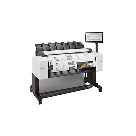 Großformatdrucker HP DesignJet auf einem Standfuß mit Touchscreen und bedrucktem Papierplan.