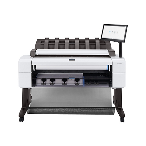 Eine weiße Großformatdruckmaschine mit einem schwarzen Bildschirm und Rollenfuß, auf weißem Hintergrund.