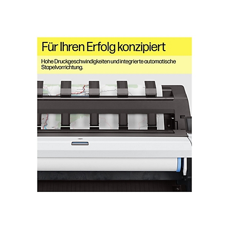 Ein Drucker mit gedruckten Karten. Oben steht gelber Text: 'Für Ihren Erfolg konzipiert'. Darunter grauer Text: 'Hohe Druckgeschwindigkeiten und integrierte automatische Stapelvorrichtung'.