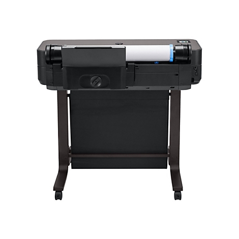 Ein Großformatdrucker vor weißem Hintergrund. Der Drucker ist schwarz mit einem Papierrolle und steht auf einem braunen Wagen.