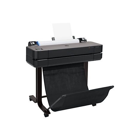 Schwarzer Großformatdrucker mit Papierausgabe. Drucker auf Ständer mit Papierauffangkorb.