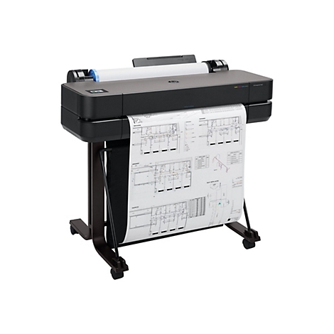 Schwarzer Großformatdrucker mit einem Architekturplan. Unterhalb des Druckers befindet sich ein Auffangbehälter für das Papier. Auf dem Papier stehen spanische Überschriften.