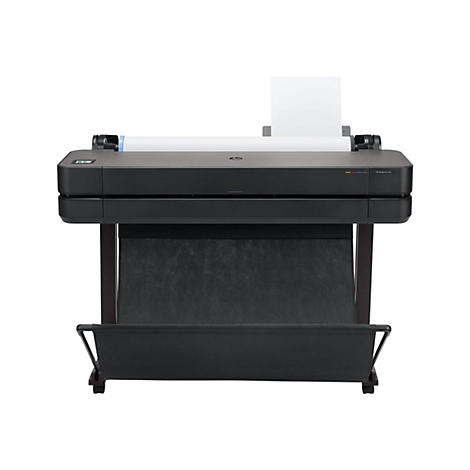 Ein weißer Plotter mit Papierausgabe. Der Plotter steht auf einem dunklen Gestell, darunter eine Auffangvorrichtung.