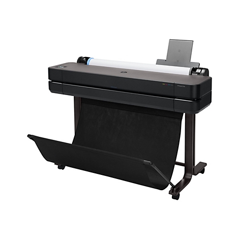 Schwarz-brauner Großformatdrucker mit weißer Papierrolle. Schwarzer Papierfangkorb mit Rollenfüßen.