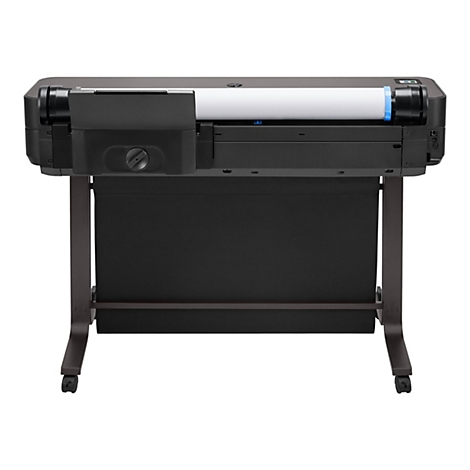 Ein schwarzer Großformatdrucker mit Papierrolle, auf braunem Gestell, vor weißem Hintergrund.